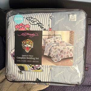 Ed Hardy Striped Blue and White Comforter Set